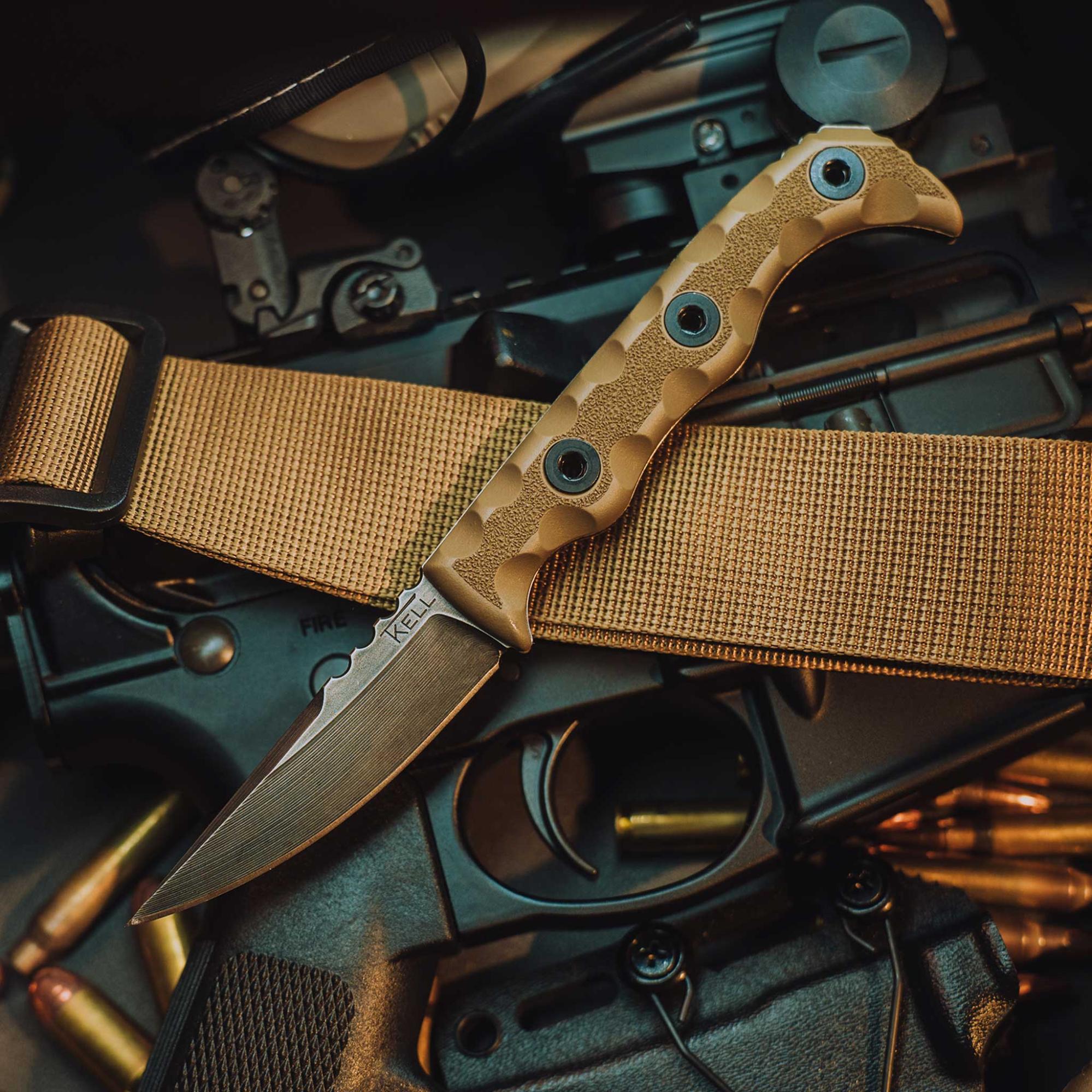 tan knife on tan belt strap with other tactical gear behind it