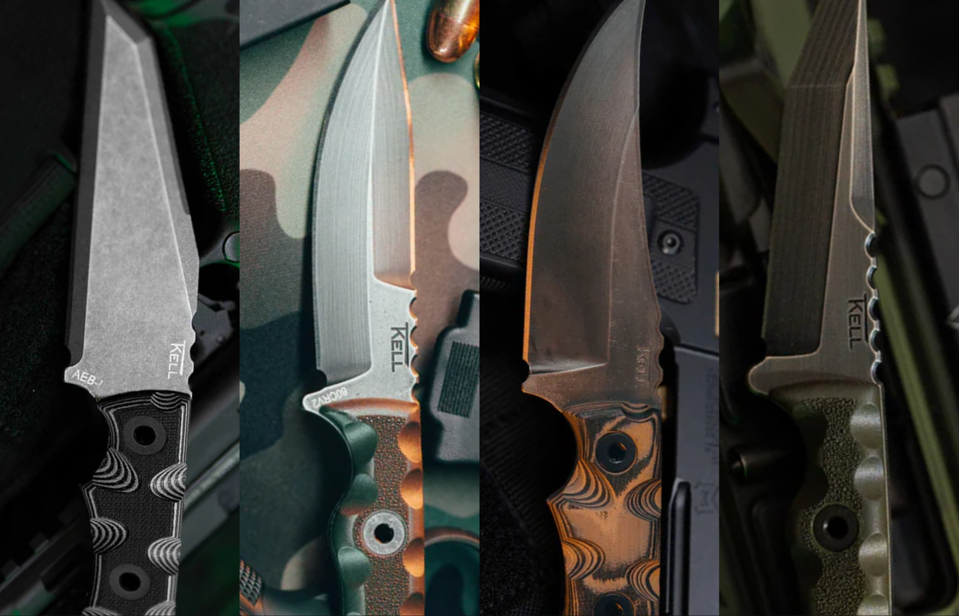 Collage of four side-by-side knives, each with different blade types.